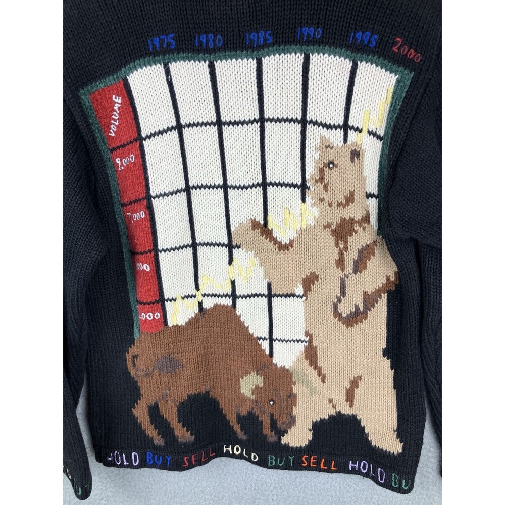 VTG Y2K Eagle's Eye Stock Market Snap Cardigan M Bulls Bears Buy-Sell-Hold RARE - Picture 7 of 12